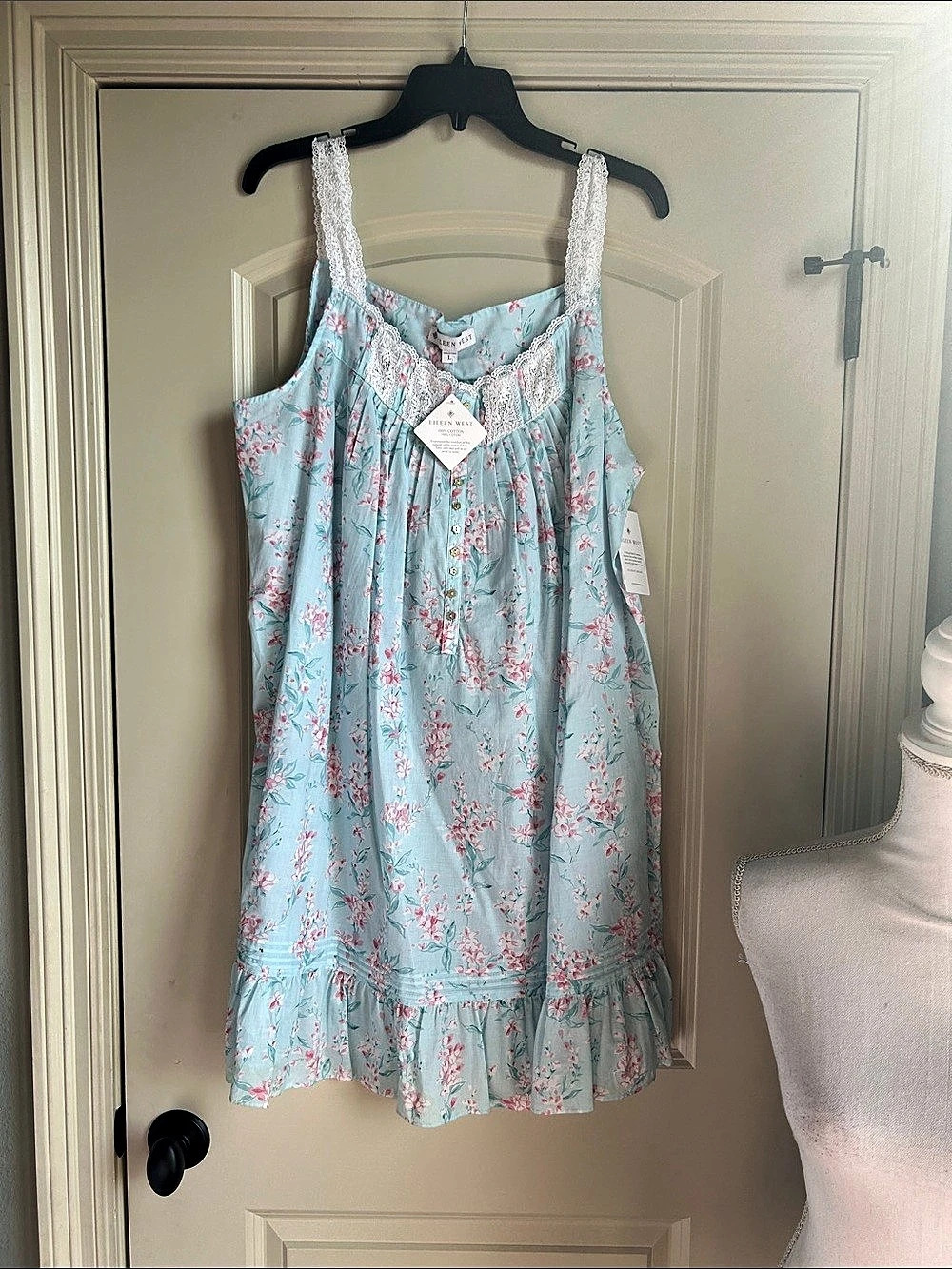 Eileen West Cotton Lawn Sleeveless Nightgown Blue & Pink Large